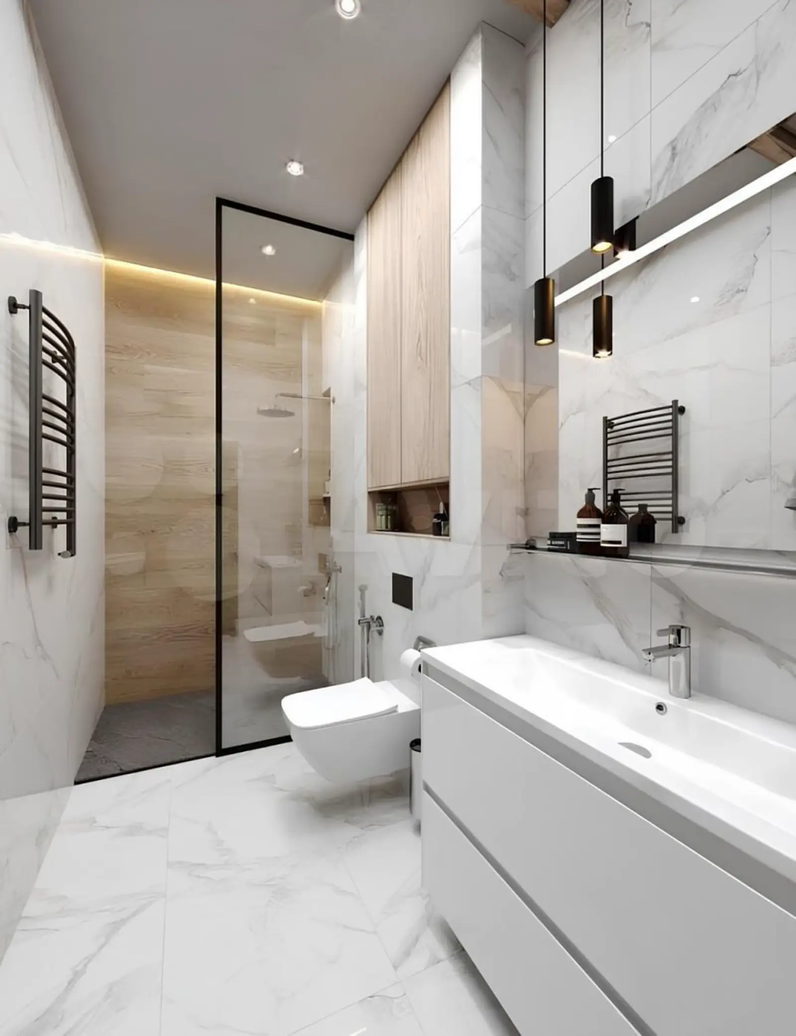 Baño moderno con revestimiento efecto mármol, ducha de cristal y detalles negros